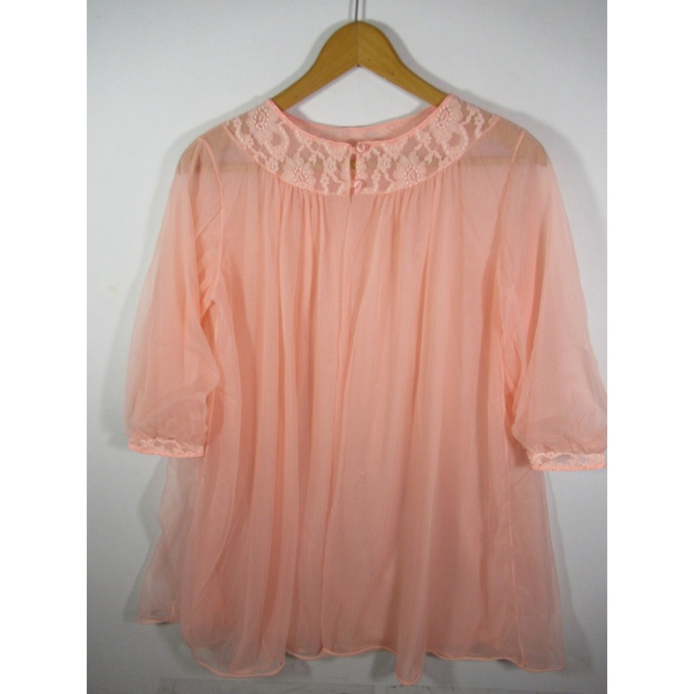 Vtg Texsheen Double Chiffon Peignoir Robe Women Small Peach Short Sleeve Nylon